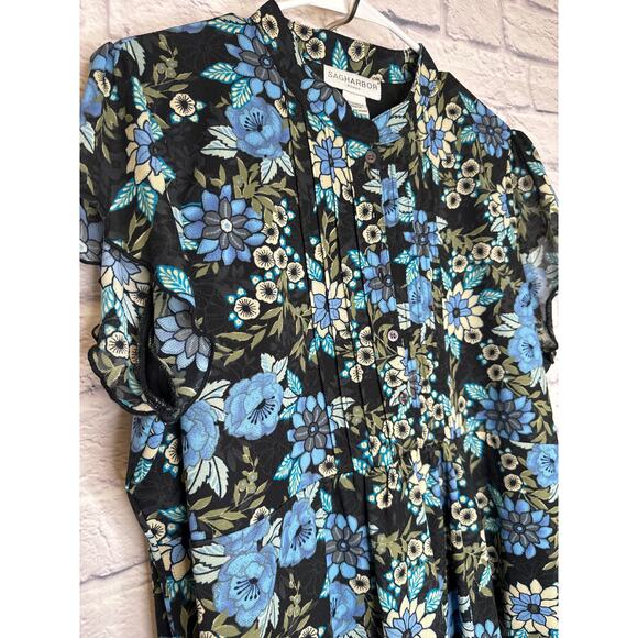 Sag Harbor Woman Vntg Blue Floral Short Sleeve Midi Skirt 2 Pc Set SZ L /XL NWOT - Picture 2 of 5